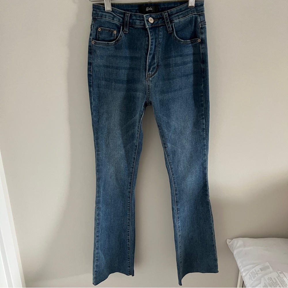 Blue High-Waisted Flared Cropped Jeans